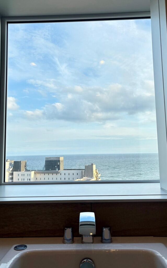 函館湯の川温泉 海と灯/ヒューイットリゾートの内風呂からの景色