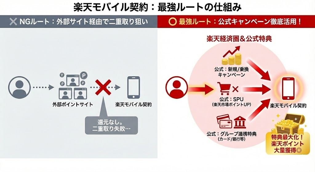楽天モバイル契約時の最強ルートの図解。ポイントサイト経由でのポイント還元は行っていないため公式キャンペーンを利用するのが最もお得。