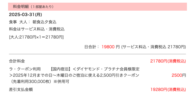 ダイヤモンド会員特典を利用して楽天トラベル国内宿泊を予約した際の筆者の利用明細の画像