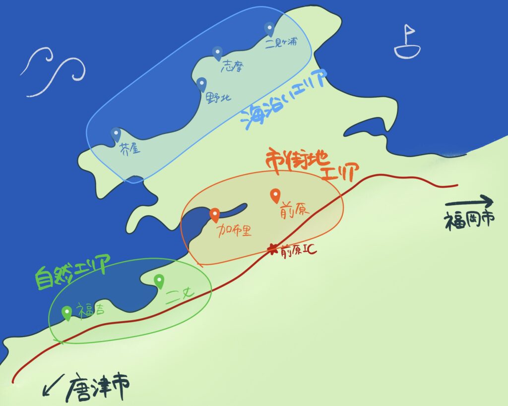 糸島ランチマップ｜海沿い・市街地・自然の3エリア（二見ヶ浦・志摩・野北・芥屋・前原・福吉）位置図